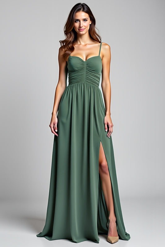 Eucalyptus A Line Long Ruched Bridesmaid Dress with Slit