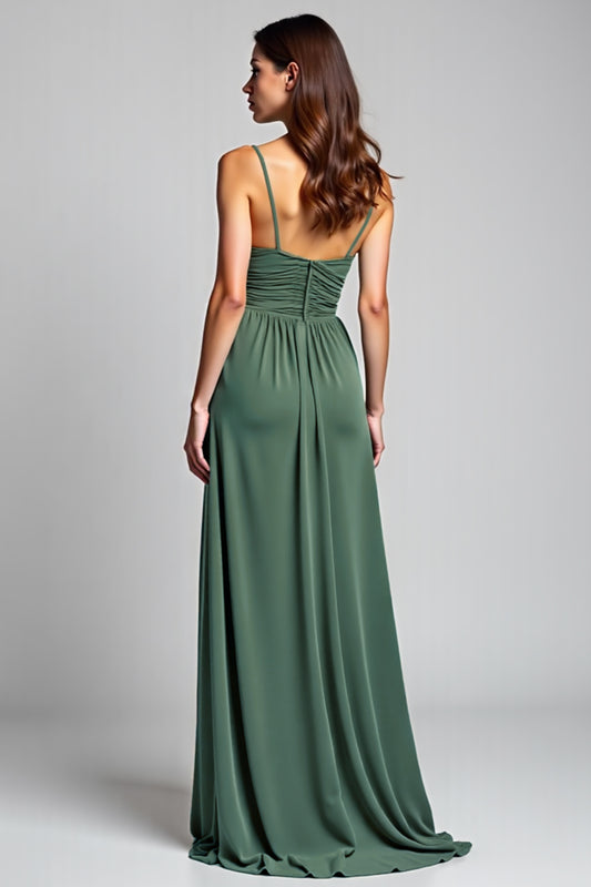 Eucalyptus A Line Long Ruched Bridesmaid Dress with Slit