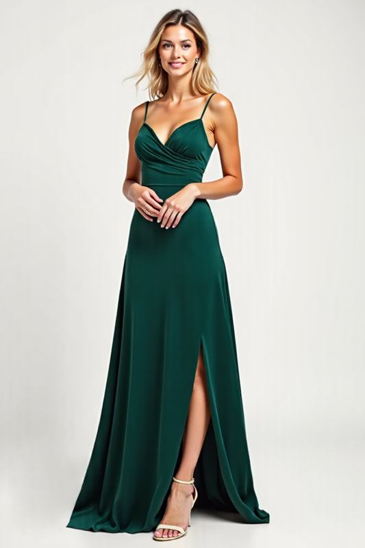 Pine V-Neck Long Satin Bridesmaid Dress with Slit