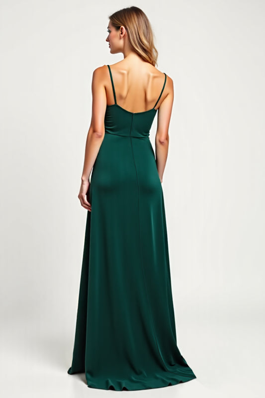 Pine V-Neck Long Satin Bridesmaid Dress with Slit