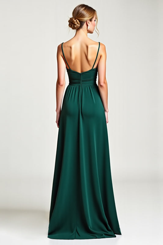 V-Neck Pine Long Ruffled Bridesmaid Dress with Slit