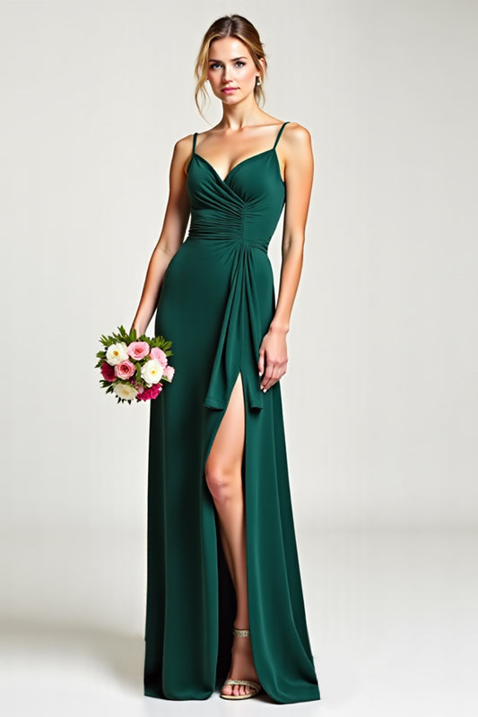 V-Neck Pine Long Ruffled Bridesmaid Dress with Slit