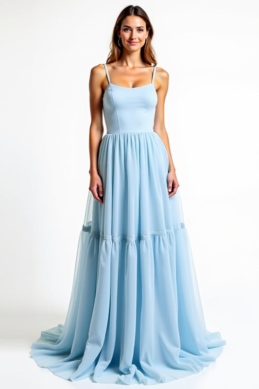 A Line Sky Blue Backless Long Bridesmaid Dress