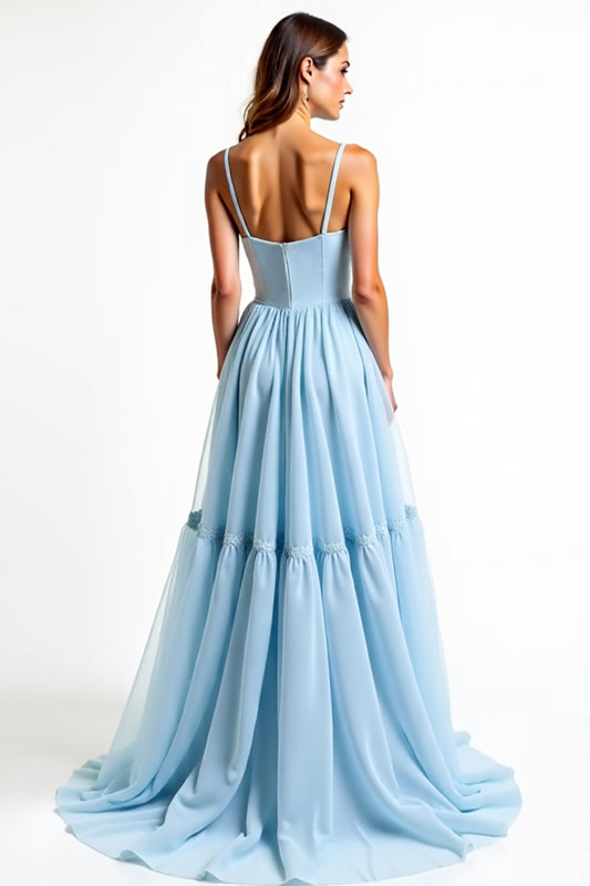 A Line Sky Blue Backless Long Bridesmaid Dress
