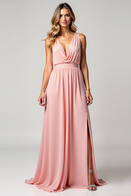 Blush Pink V-Neck A Line Long Bridesmaid Dress with Slit