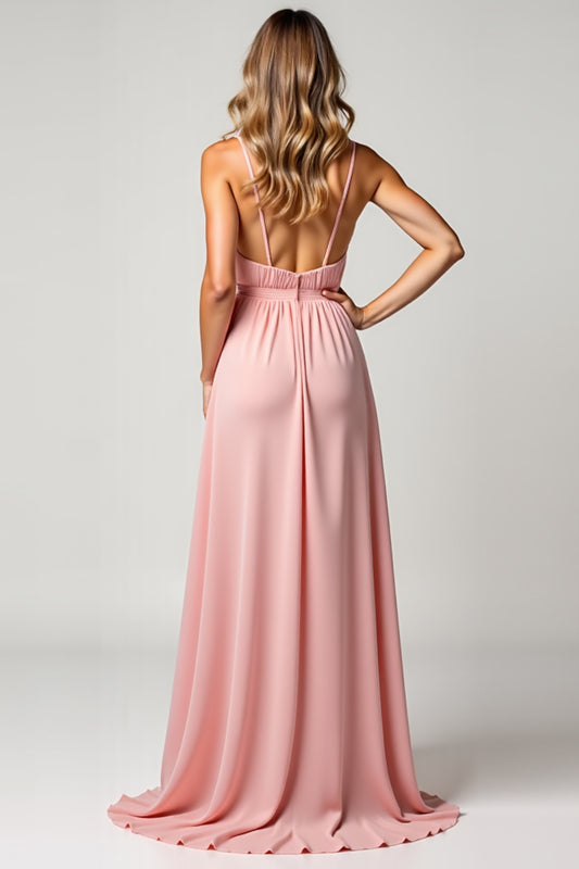 Blush Pink V-Neck A Line Long Bridesmaid Dress with Slit