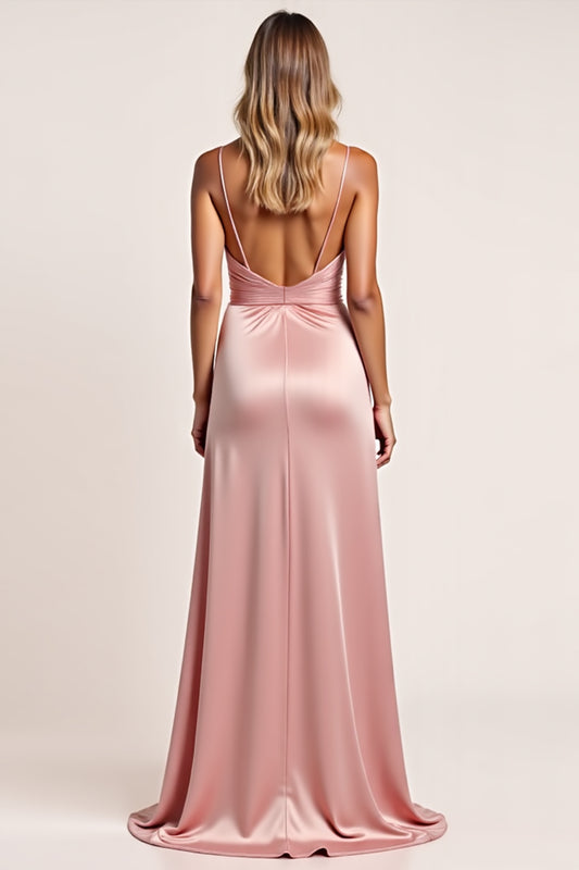Blush Pink Sheath Satin Long Bridesmaid Dress with Slit