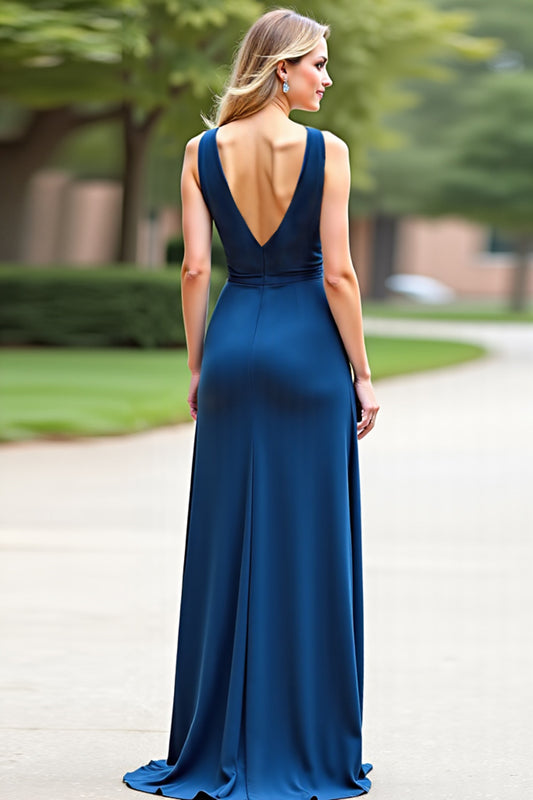 Blue Deep V-Neck Sleeveless Long Bridesmaid Dress with Slit