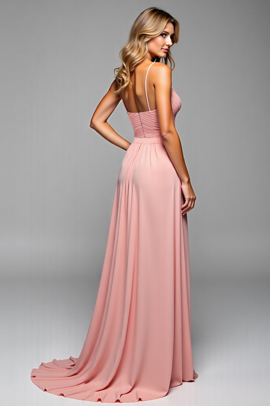 A Line Blush Pink Spaghetti Straps Long Bridesmaid Dress with Slit