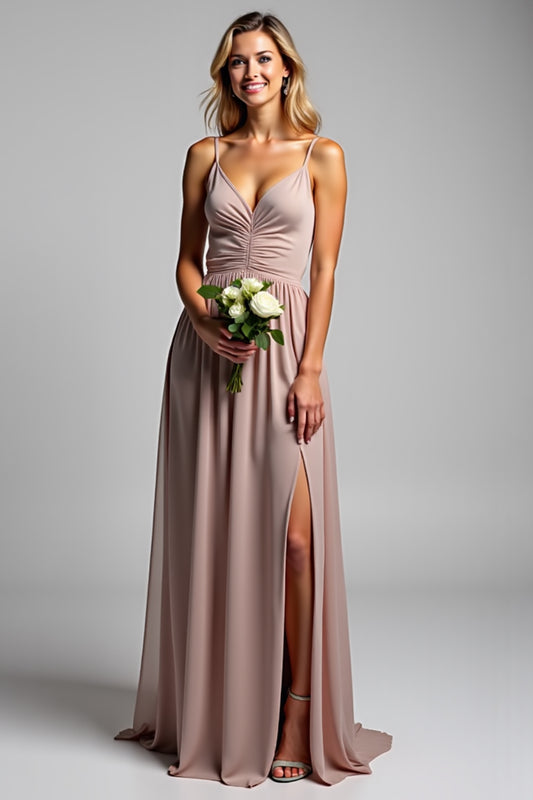 Dusty Rose Chiffon V-Neck Long Bridesmaid Dress with Slit