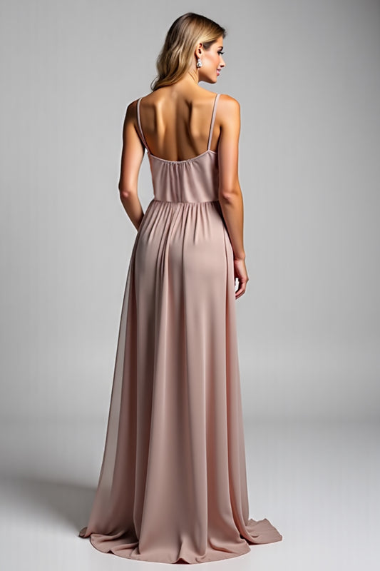 Dusty Rose Chiffon V-Neck Long Bridesmaid Dress with Slit