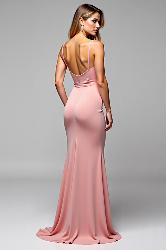 Blush Pink Sheath Backless Long Bridesmaid Dress with Slit
