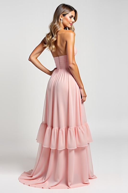 Blush Pink A Line Strapless Long Bridesmaid Dress
