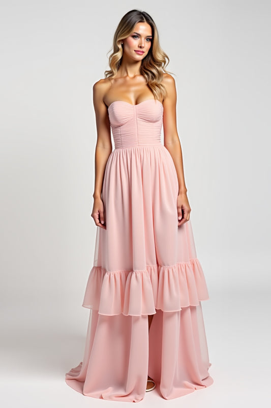 Blush Pink A Line Strapless Long Bridesmaid Dress