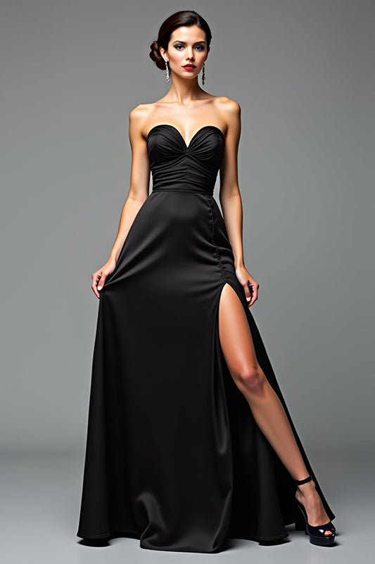 Strapless Long Black A Line Black Tie Dress with Slit