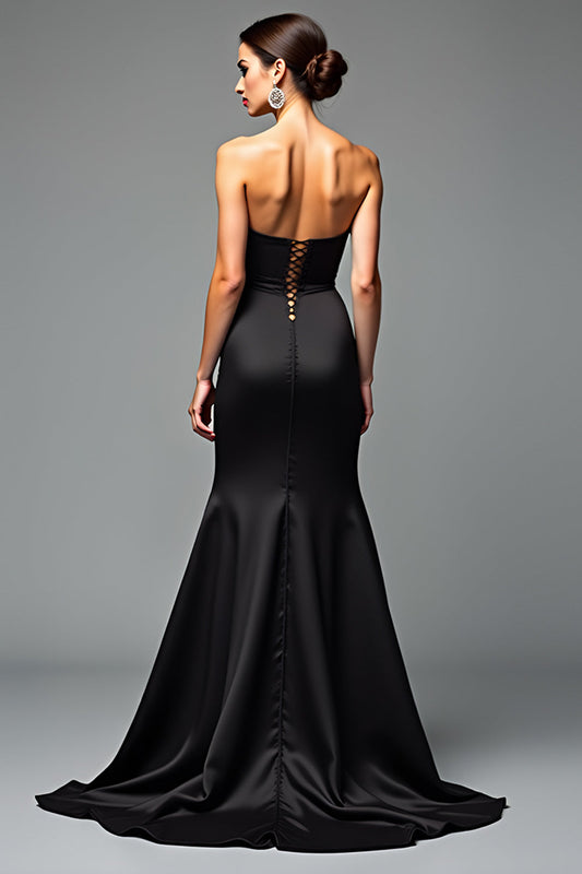 Strapless Long Black A Line Black Tie Dress with Slit