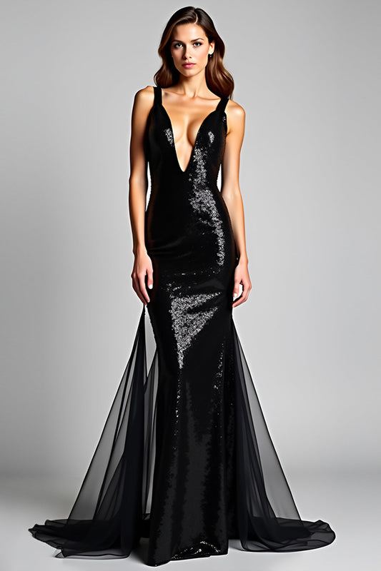 Deep V-Neck Long Sparkly Mermaid Black Tie Dress
