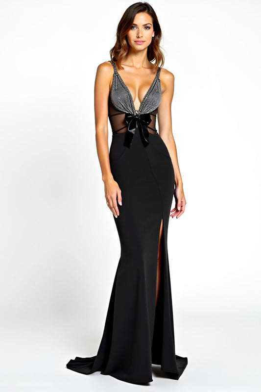 Mermaid V-Neck Black Bow Long Beaded Black Tie Dress with Slit