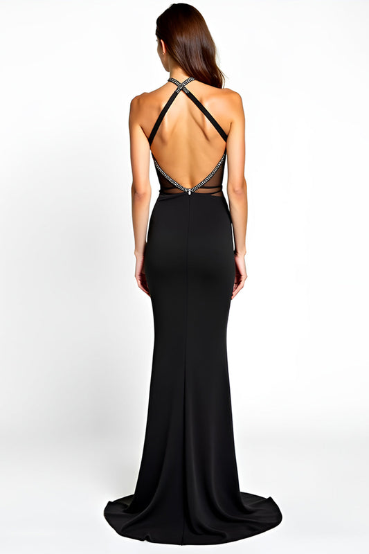 Mermaid V-Neck Black Bow Long Beaded Black Tie Dress with Slit