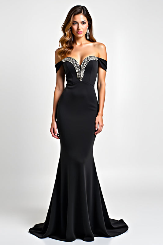 Off the Shoulder Black Mermaid Long Cut-Out Beaded Black Tie Dress