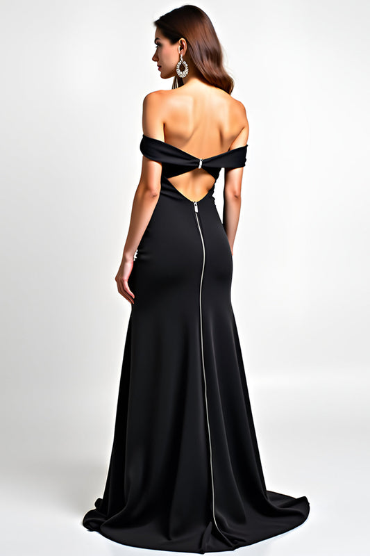 Off the Shoulder Black Mermaid Long Cut-Out Beaded Black Tie Dress