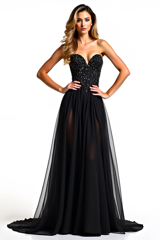 Tulle Strapless Black A Line Long Beaded Black Tie Dress