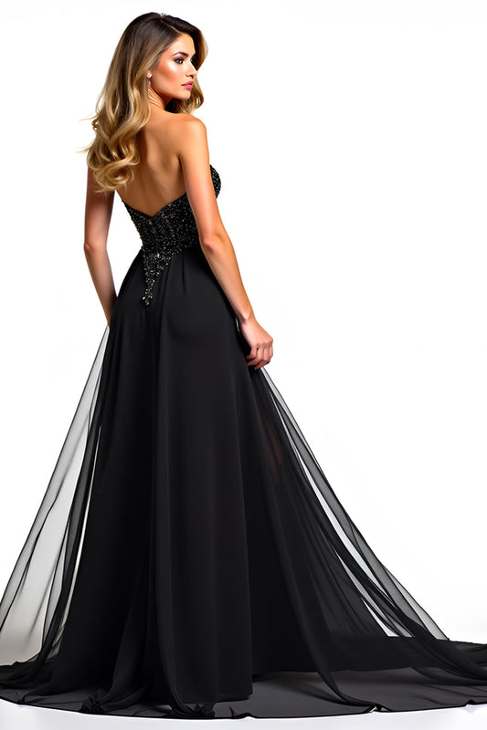 Tulle Strapless Black A Line Long Beaded Black Tie Dress