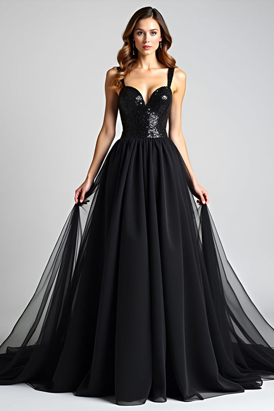 Sparkly Black A Line Long Tulle Sequined Backless Black Tie Dress