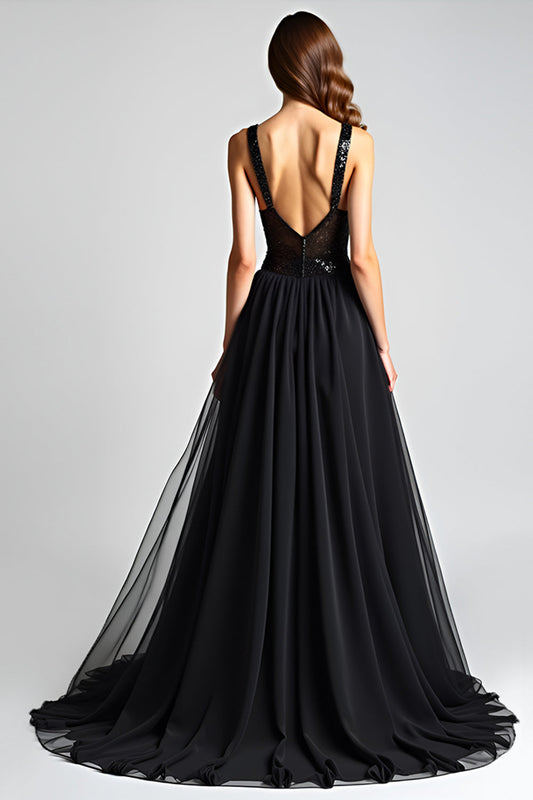 Sparkly Black A Line Long Tulle Sequined Backless Black Tie Dress