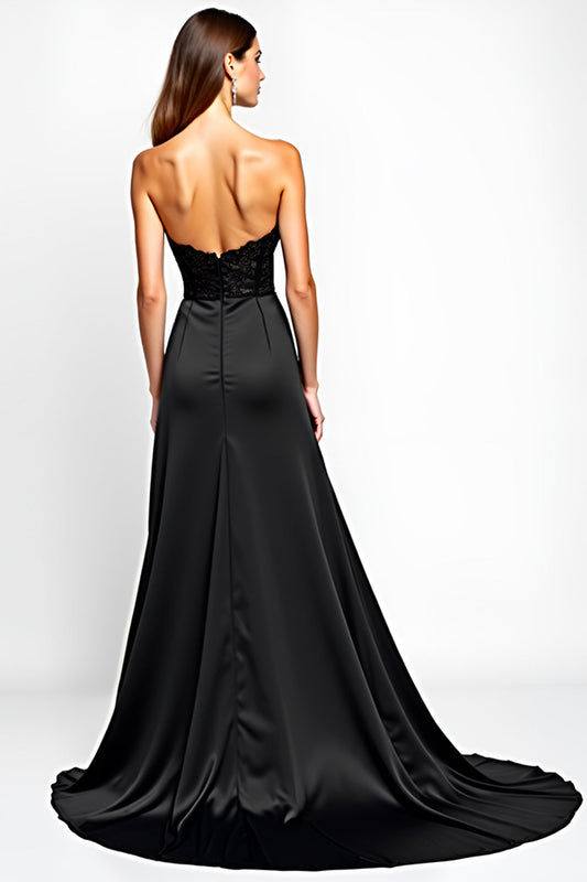 Strapless Corset Black Long Black Tie Dress with Slit