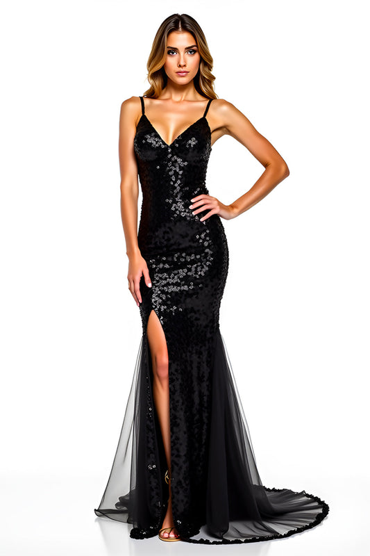 Sequins Long Sparkly Mermaid Tulle Black Tie Dress with Slit