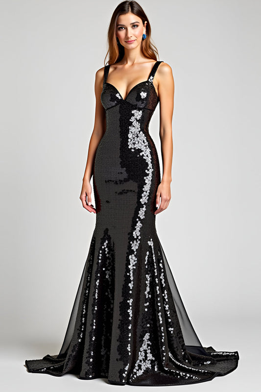 Sparkly Mermaid Lace-Up Back Long Black Tie Dress