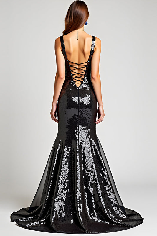 Sparkly Mermaid Lace-Up Back Long Black Tie Dress