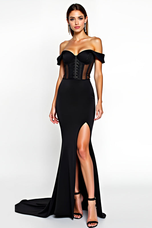 Off the Shoulder Long Black Mermaid Black Tie Dress with Slit