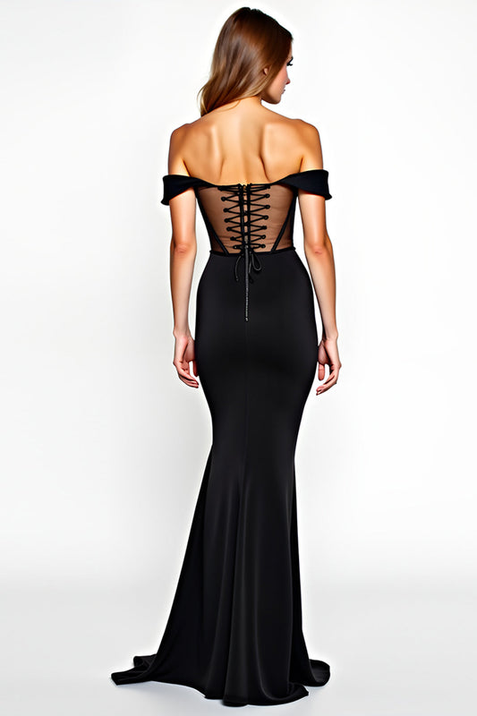 Off the Shoulder Long Black Mermaid Black Tie Dress with Slit
