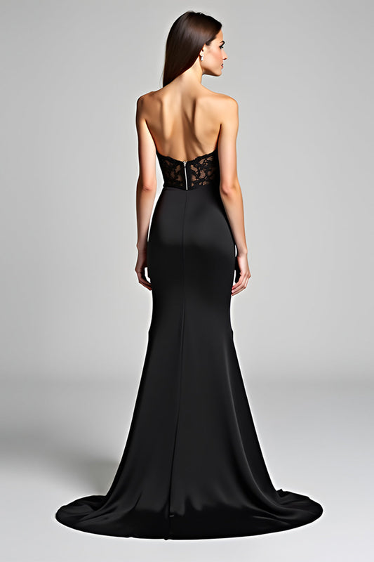 Strapless Long Black Mermaid Black Tie Dress with Slit