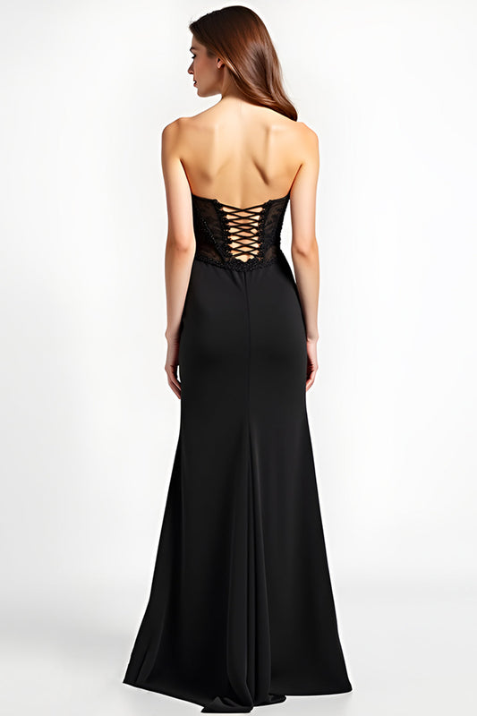 Long Appliqued Black Sweetheart Black Tie Dress with Slit