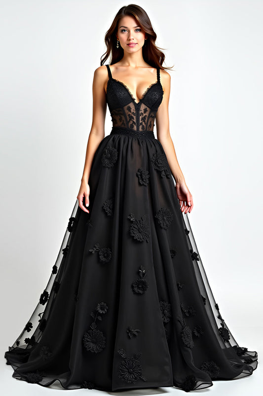 Long Appliqued Black A Line Lace Corset Black Tie Dress