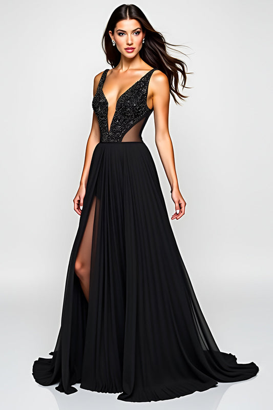 Long Beaded Black A Line Cut-Out Formal Dress with Slit