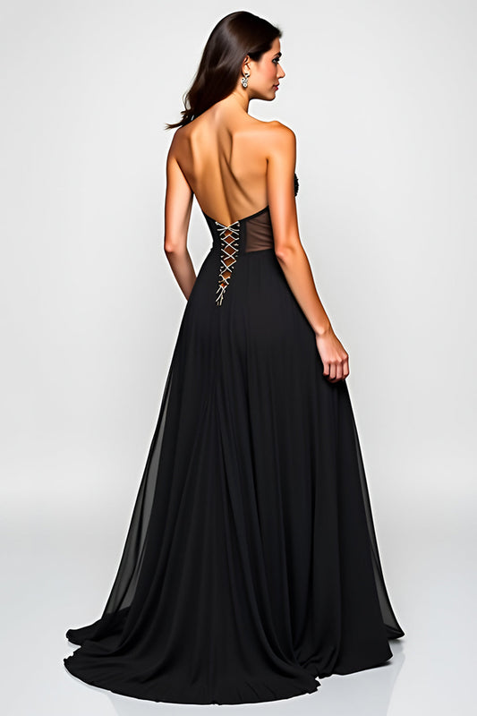 Long Beaded Black A Line Cut-Out Formal Dress with Slit
