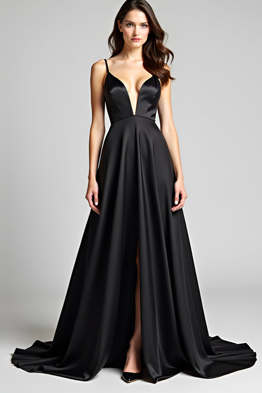 Deep V-Neck Long Black A Line Satin Black Tie Dress with Slit