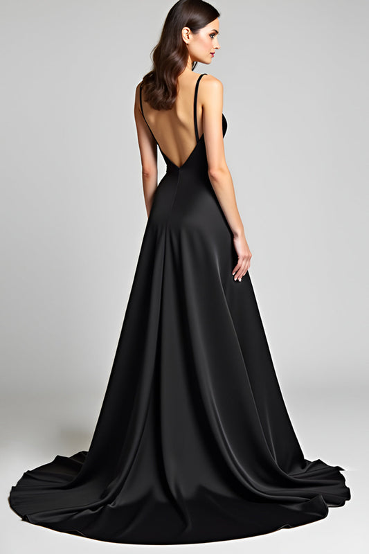 Deep V-Neck Long Black A Line Satin Black Tie Dress with Slit