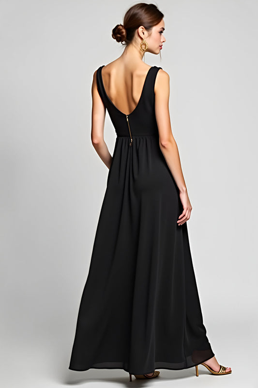 Black A Line Deep V-Neck Long Chiffon Ruched Black Tie Dress
