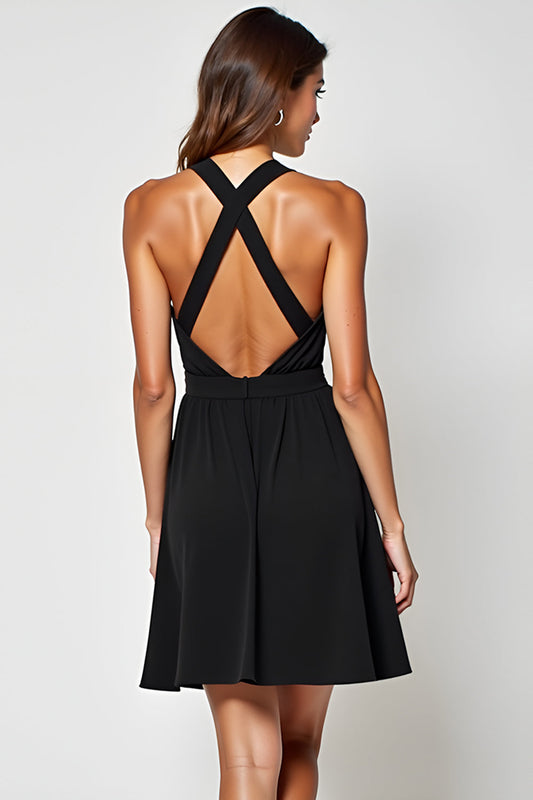 A Line Black Cross Straps Neckline Halter Short Graduation Dress