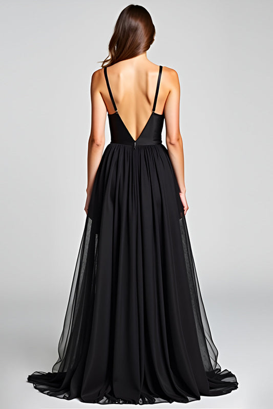 Tulle V-Neck Black A Line Long Satin Black Tie Dress