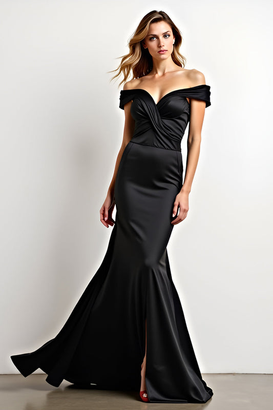 Off the Shoulder Black Mermaid  Backless Long Black Tie Dress