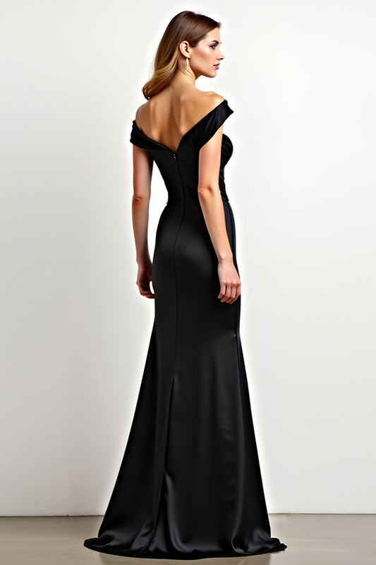 Off the Shoulder Black Mermaid  Backless Long Black Tie Dress
