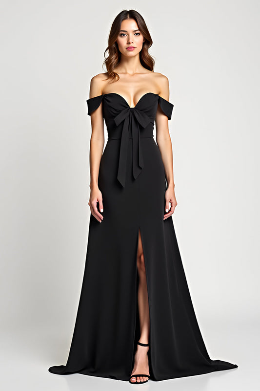 A Line Black Off the Shoulder Long Black Tie Dress with Slit