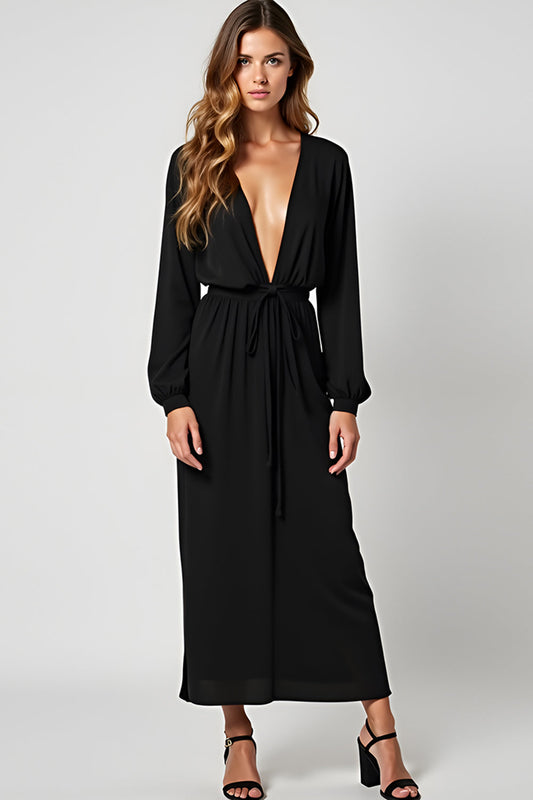 Deep V-Neck Black Tea-Length Black Tie Dress with Long Sleeves