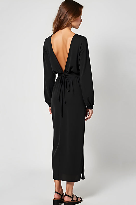 Deep V-Neck Black Tea-Length Black Tie Dress with Long Sleeves